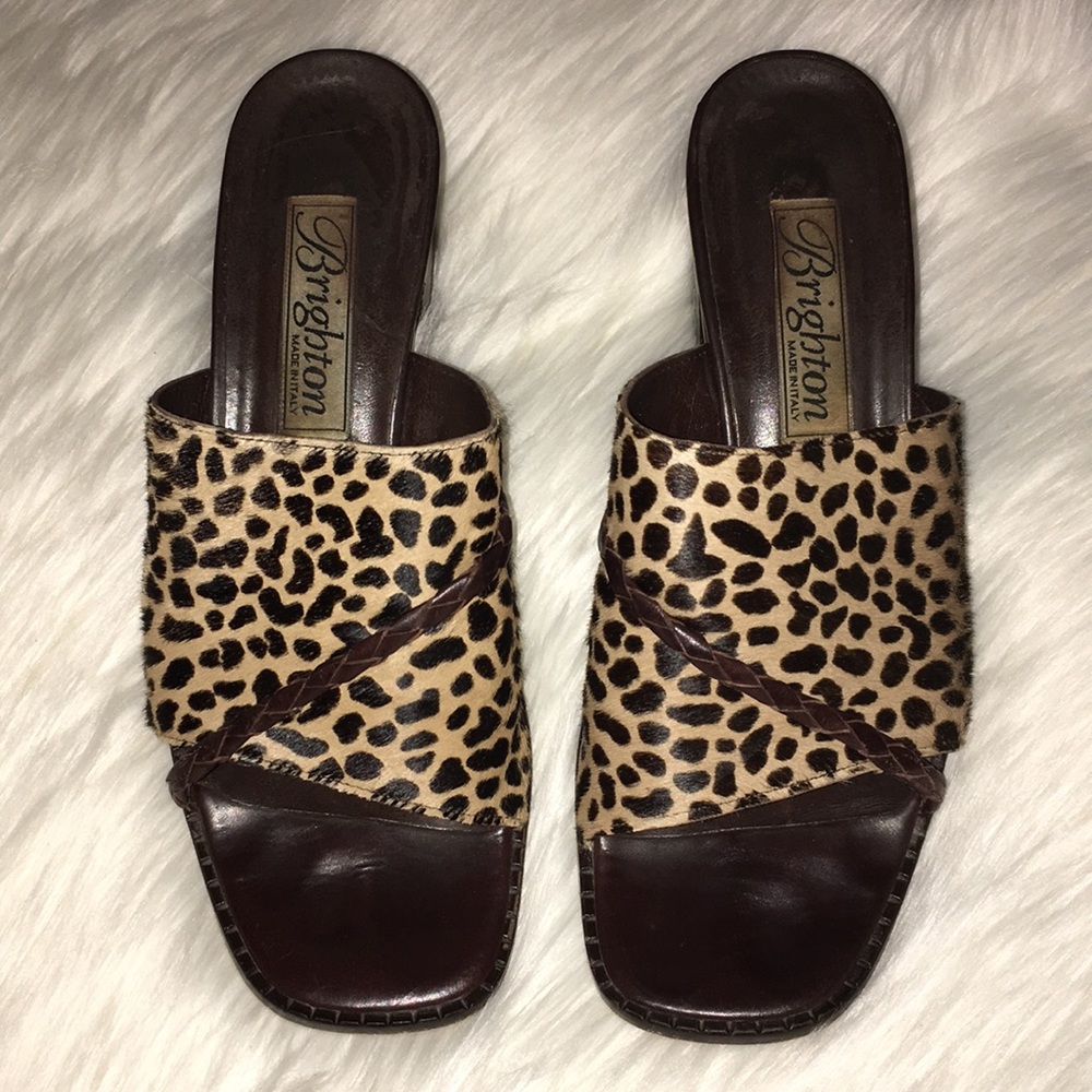 Brighton calf hair leather cheetah slip on sandal